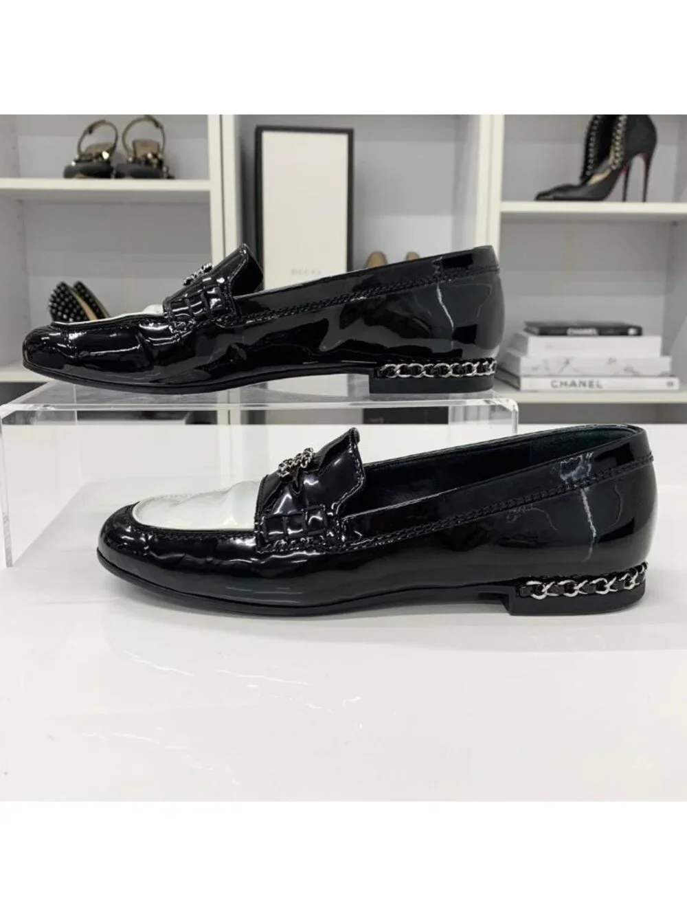 Chanel Patent Coco Mark Chain Loafers Black White